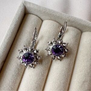 Vintage Signed Joan River's Purple Crystal silver tone Lever Back Earrings